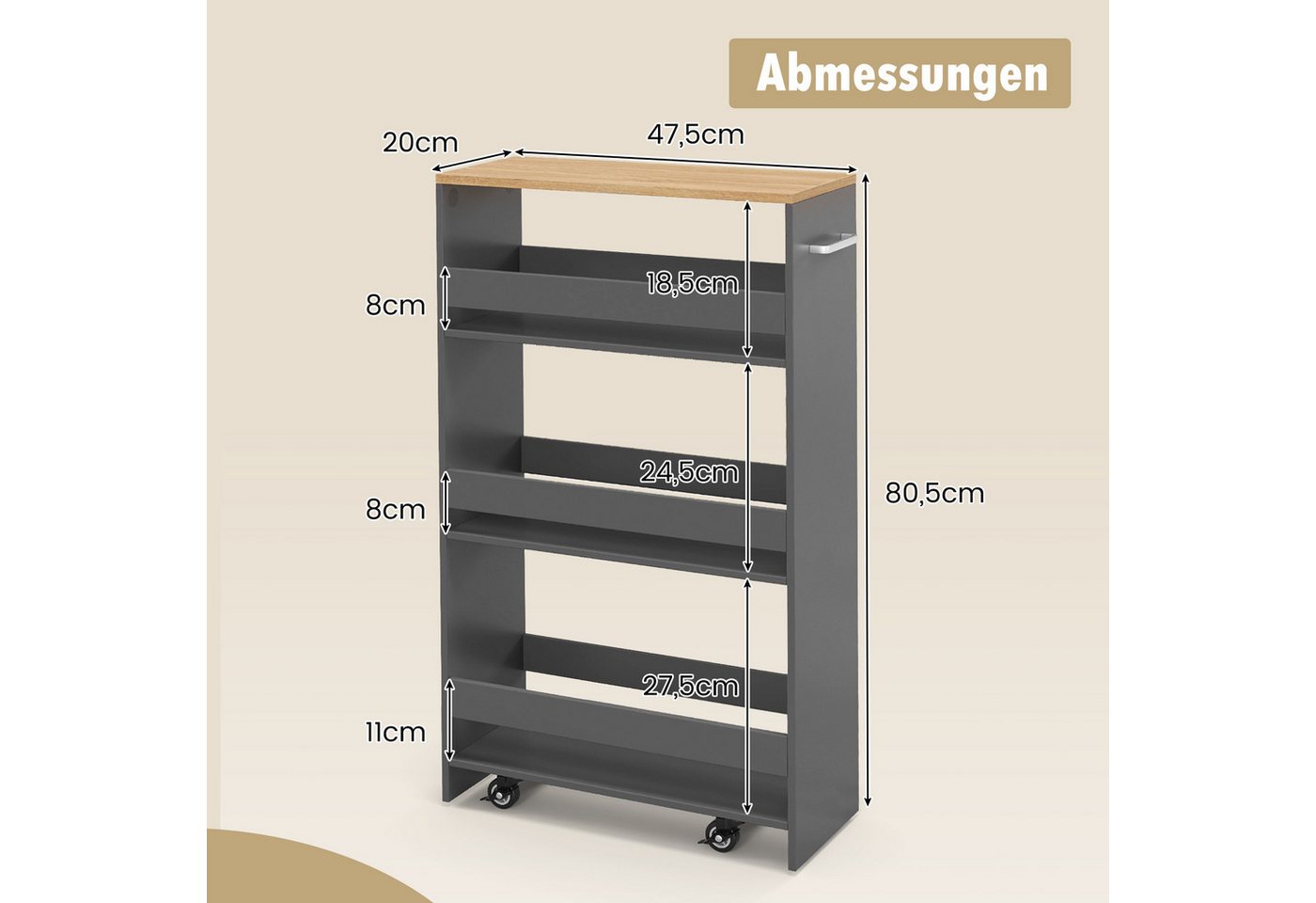 COSTWAY Küchenwagen schmal, Nischenwagen 4 Ebenen, auf Rollen, 47,5x20x80,5cm – Bild 4 von 5