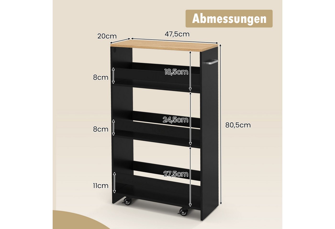 COSTWAY Küchenwagen schmal, Nischenwagen 4 Ebenen, auf Rollen, 47,5x20x80,5cm – Bild 3 von 5