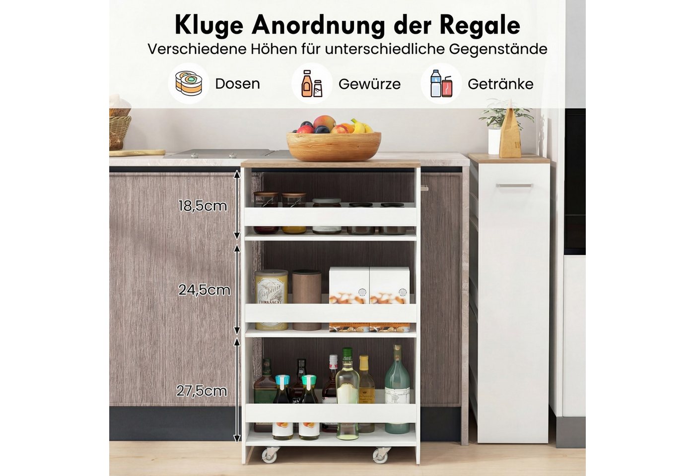 COSTWAY Küchenwagen schmal, Nischenwagen 4 Ebenen, auf Rollen, 47,5x20x80,5cm – Bild 3 von 5