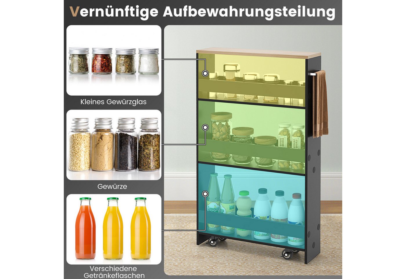 COSTWAY Küchenwagen schmal, Nischenwagen 4 Ebenen, auf Rollen, 47,5x13x80,5cm – Bild 4 von 5