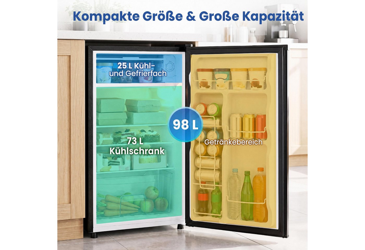 COSTWAY Kühlschrank FP11237DE/BC-98, 77.5 cm hoch, 44.5 cm breit, 98L, < 39dB – Bild 2 von 5