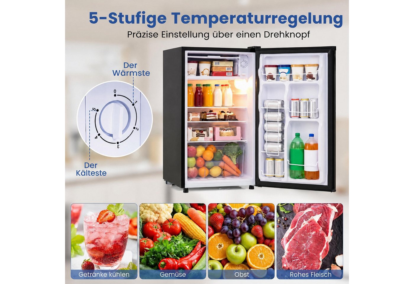 COSTWAY Kühlschrank FP11237DE/BC-98, 77.5 cm hoch, 44.5 cm breit, 98L, < 39dB – Bild 3 von 5