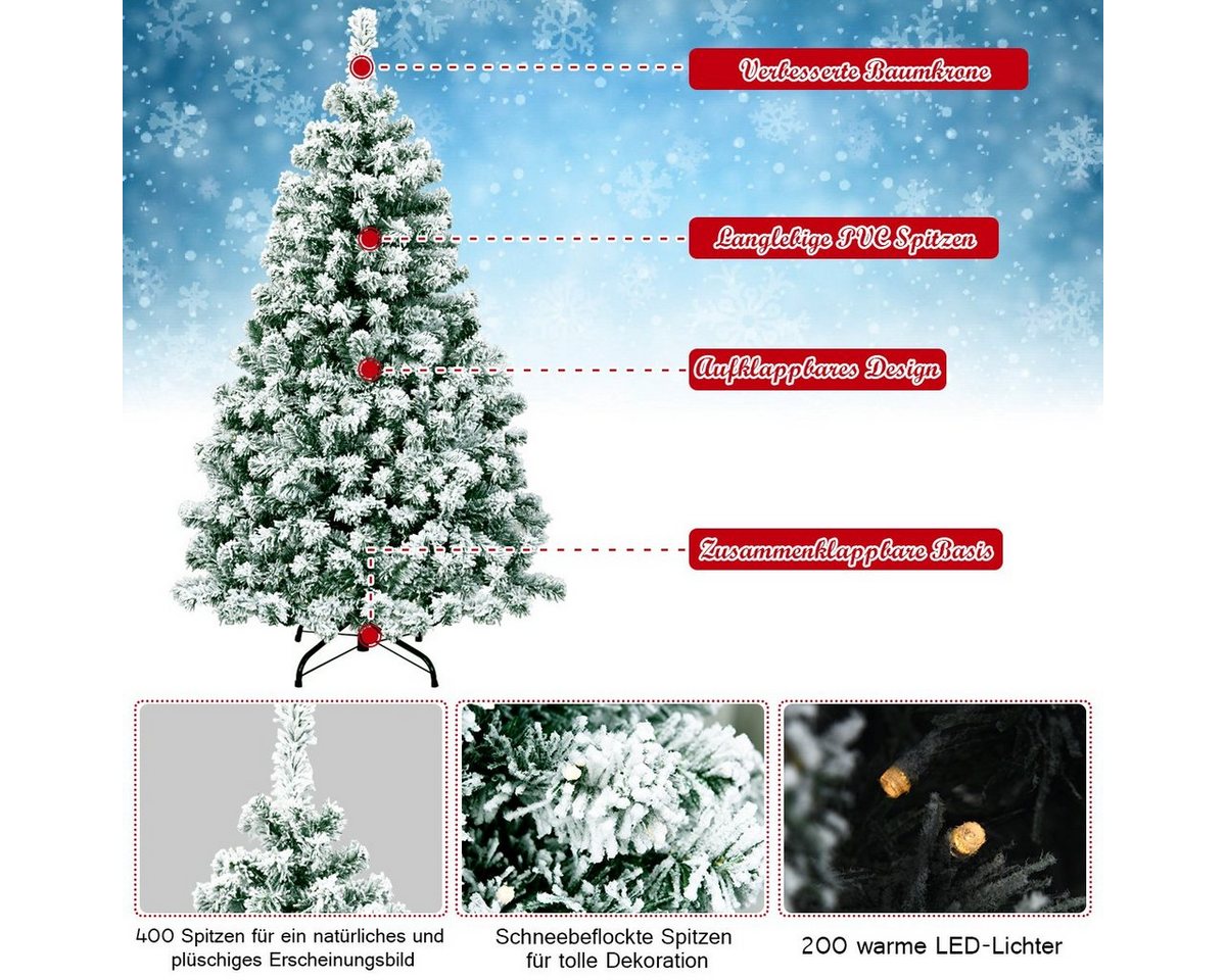 COSTWAY Künstlicher Weihnachtsbaum, 400 Zweigspitzen mit Schnee, 200 LEDs – Bild 4 von 5