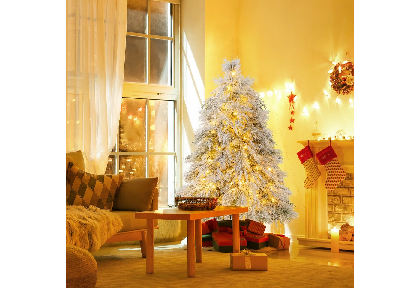 COSTWAY Künstlicher Weihnachtsbaum Tannenbaum Christbaum mit Schnee, 146cm mit 150 LEDs, 279 Spitzen & Ständer – Bild 2 von 5