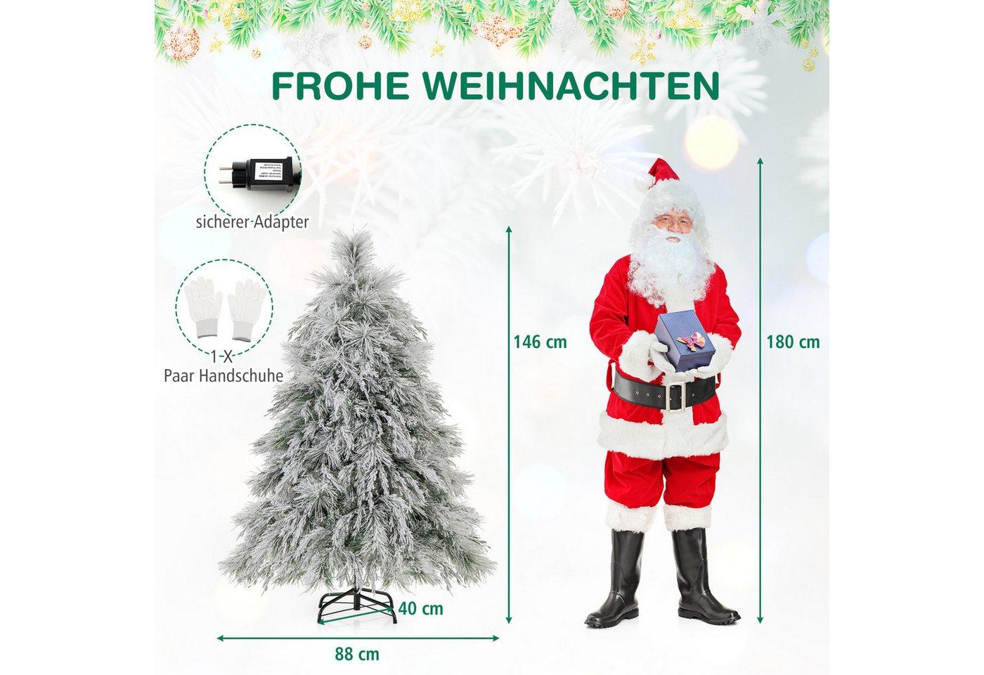 COSTWAY Künstlicher Weihnachtsbaum Tannenbaum Christbaum mit Schnee, 146cm mit 150 LEDs, 279 Spitzen & Ständer – Bild 3 von 5