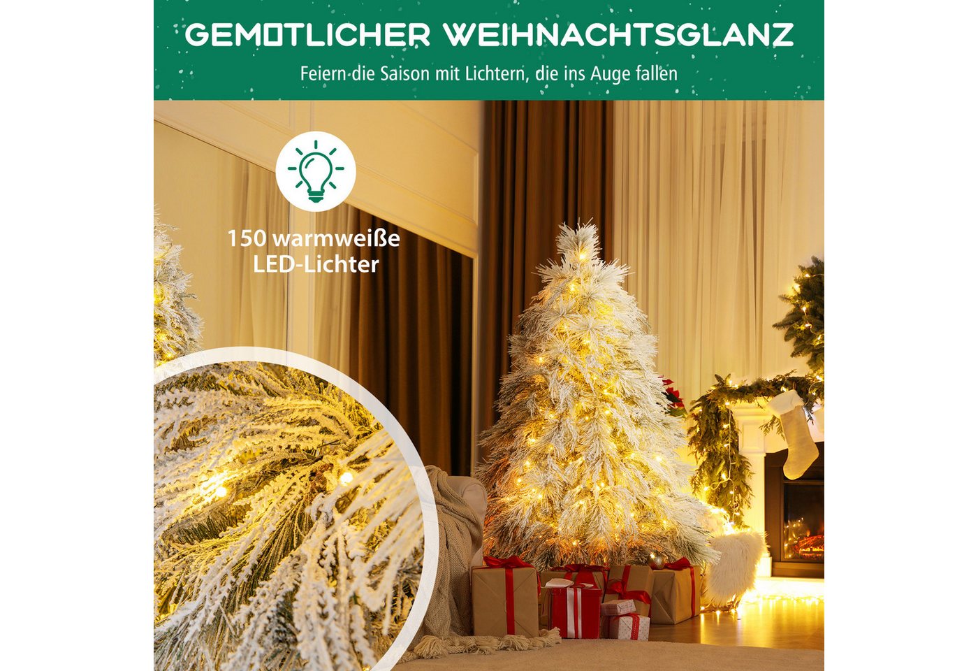 COSTWAY Künstlicher Weihnachtsbaum Tannenbaum Christbaum mit Schnee, 146cm mit 150 LEDs, 279 Spitzen & Ständer – Bild 4 von 5
