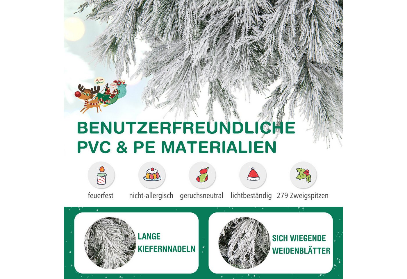 COSTWAY Künstlicher Weihnachtsbaum Tannenbaum Christbaum mit Schnee, 146cm mit 150 LEDs, 279 Spitzen & Ständer – Bild 5 von 5
