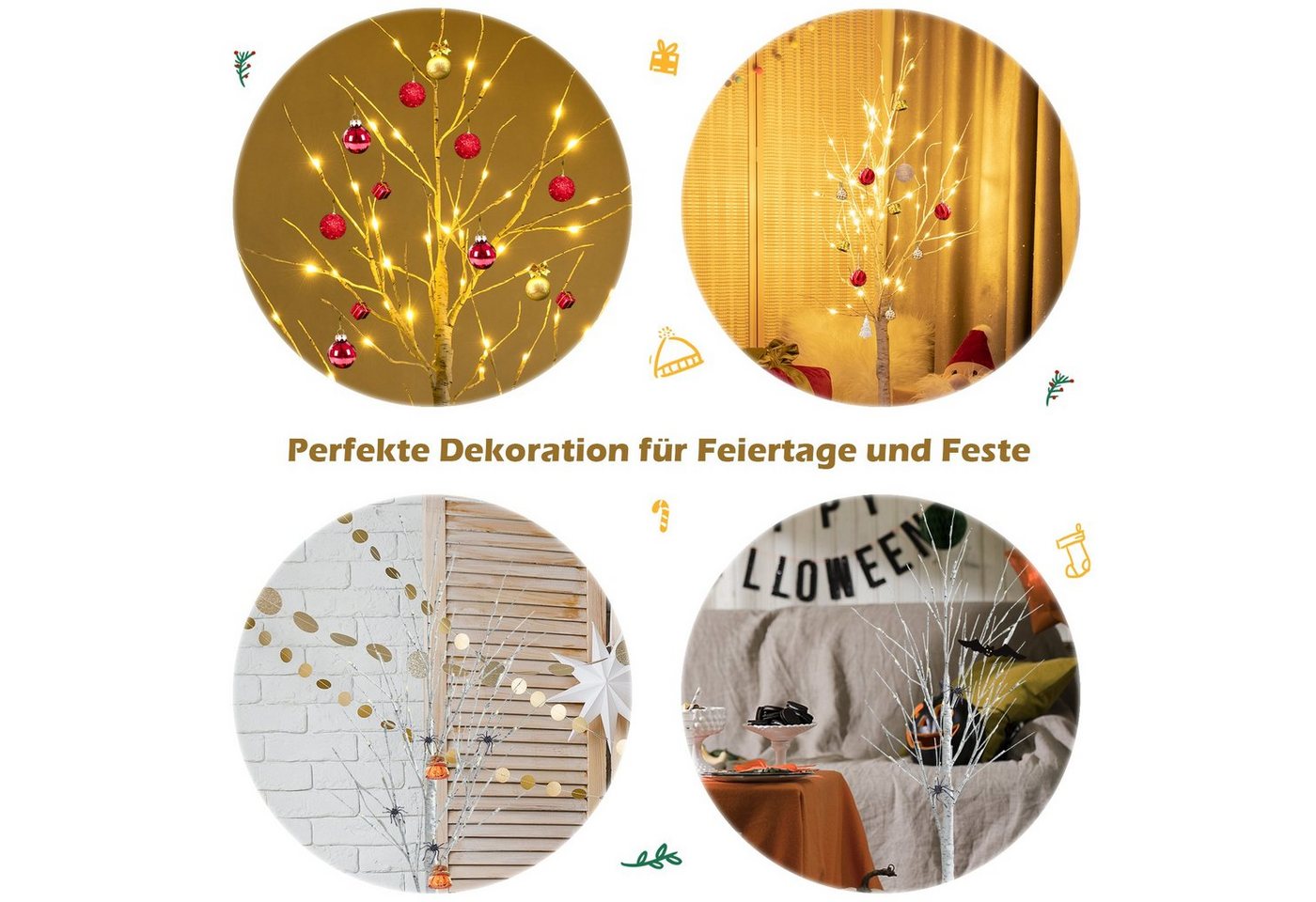 COSTWAY Künstlicher Weihnachtsbaum Birkenbaum LED Lichterbaum, 120 cm, mit 48 warmweißen LED-Leuchten – Bild 3 von 5