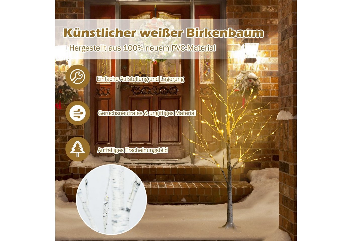 COSTWAY Künstlicher Weihnachtsbaum Birkenbaum LED Lichterbaum, 120 cm, mit 48 warmweißen LED-Leuchten – Bild 4 von 5