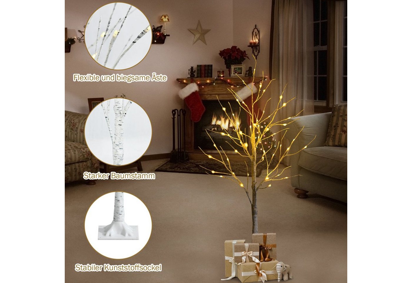 COSTWAY Künstlicher Weihnachtsbaum Birkenbaum LED Lichterbaum, 120 cm, mit 48 warmweißen LED-Leuchten – Bild 5 von 5