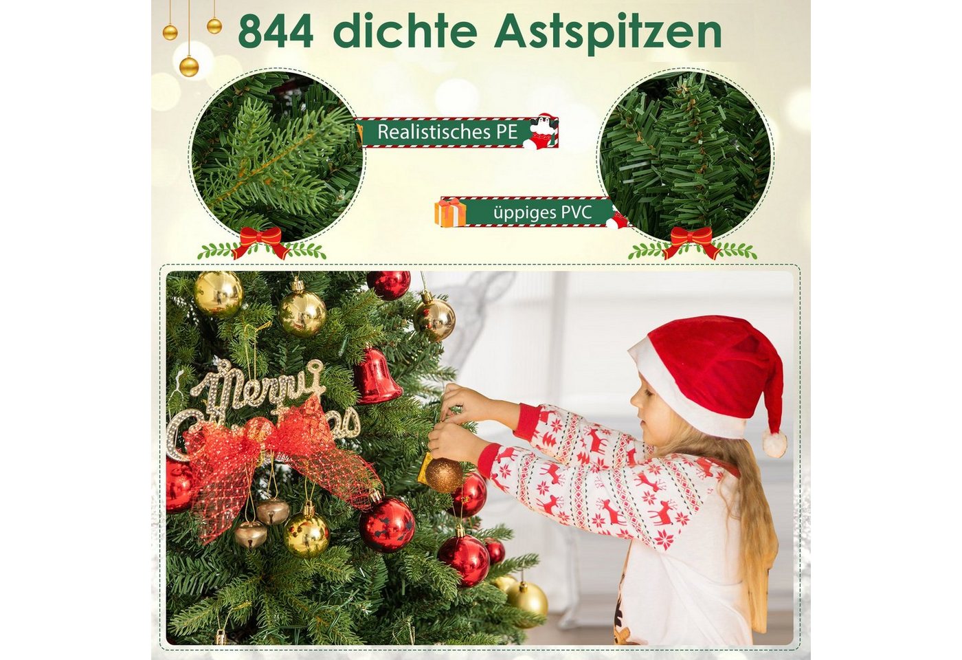 COSTWAY Künstlicher Weihnachtsbaum, 150cm, mehrfarbige LEDs, 11 Lichtmodi – Bild 4 von 5