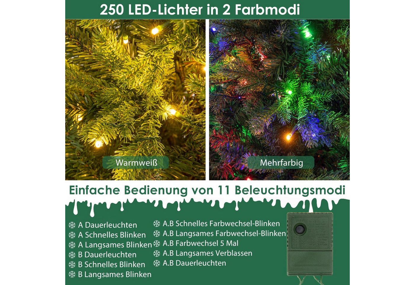 COSTWAY Künstlicher Weihnachtsbaum, 150cm, mehrfarbige LEDs, 11 Lichtmodi – Bild 5 von 5