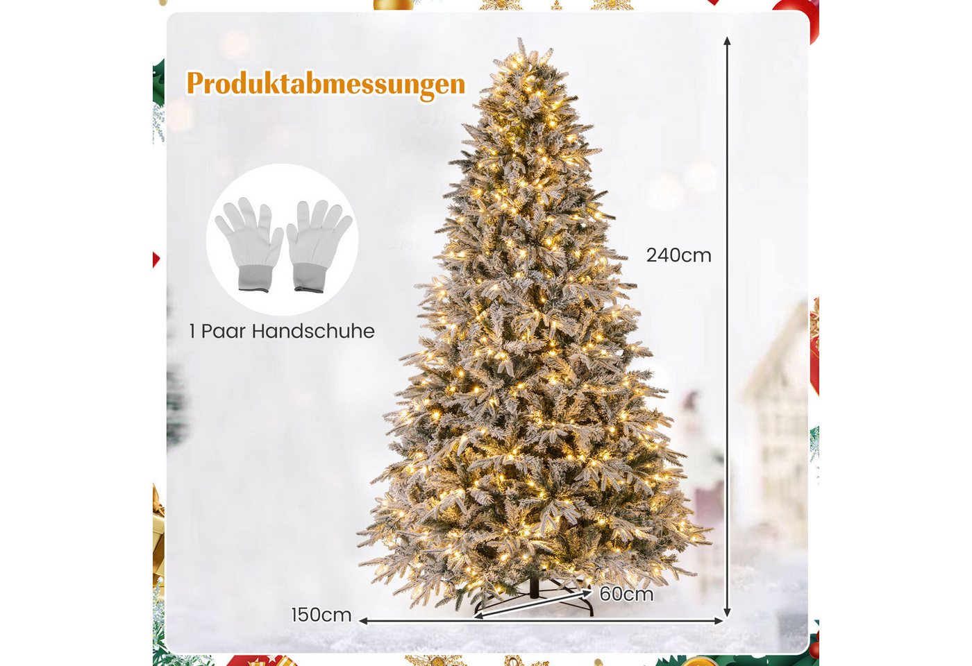 COSTWAY Künstlicher Weihnachtsbaum, 240cm, mit Schnee & 460 warmweißen LEDs – Bild 3 von 5