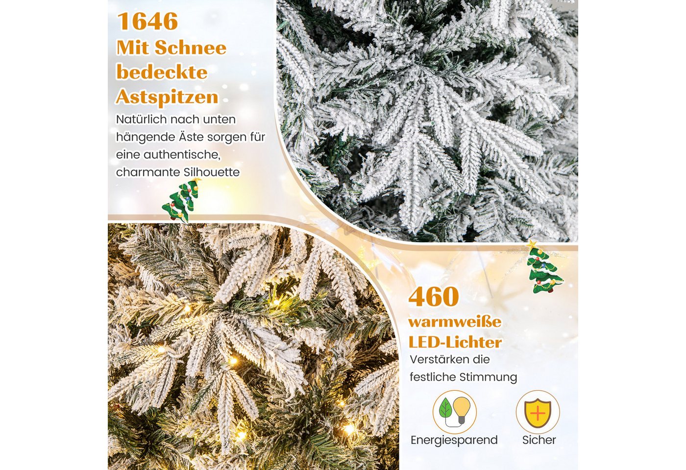 COSTWAY Künstlicher Weihnachtsbaum, 240cm, mit Schnee & 460 warmweißen LEDs – Bild 4 von 5