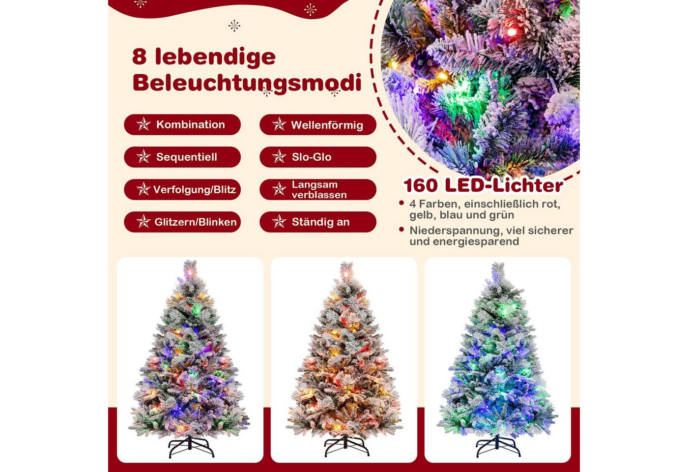 COSTWAY Künstlicher Weihnachtsbaum, mit Schnee, 8 Lichtmodi, 472 Zweigspitzen – Bild 2 von 5