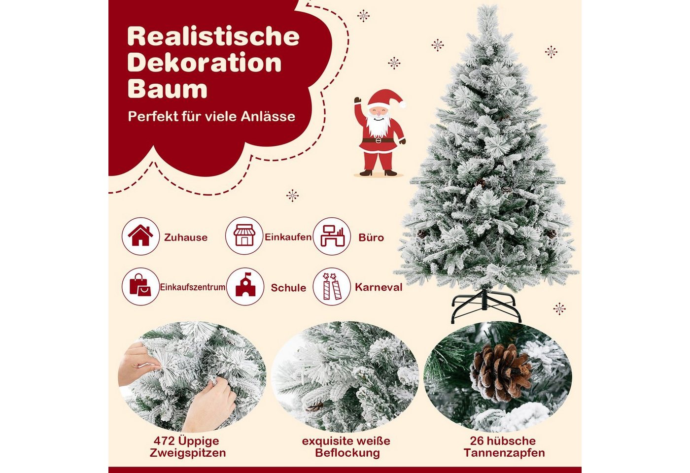 COSTWAY Künstlicher Weihnachtsbaum, mit Schnee, 8 Lichtmodi, 472 Zweigspitzen – Bild 3 von 5