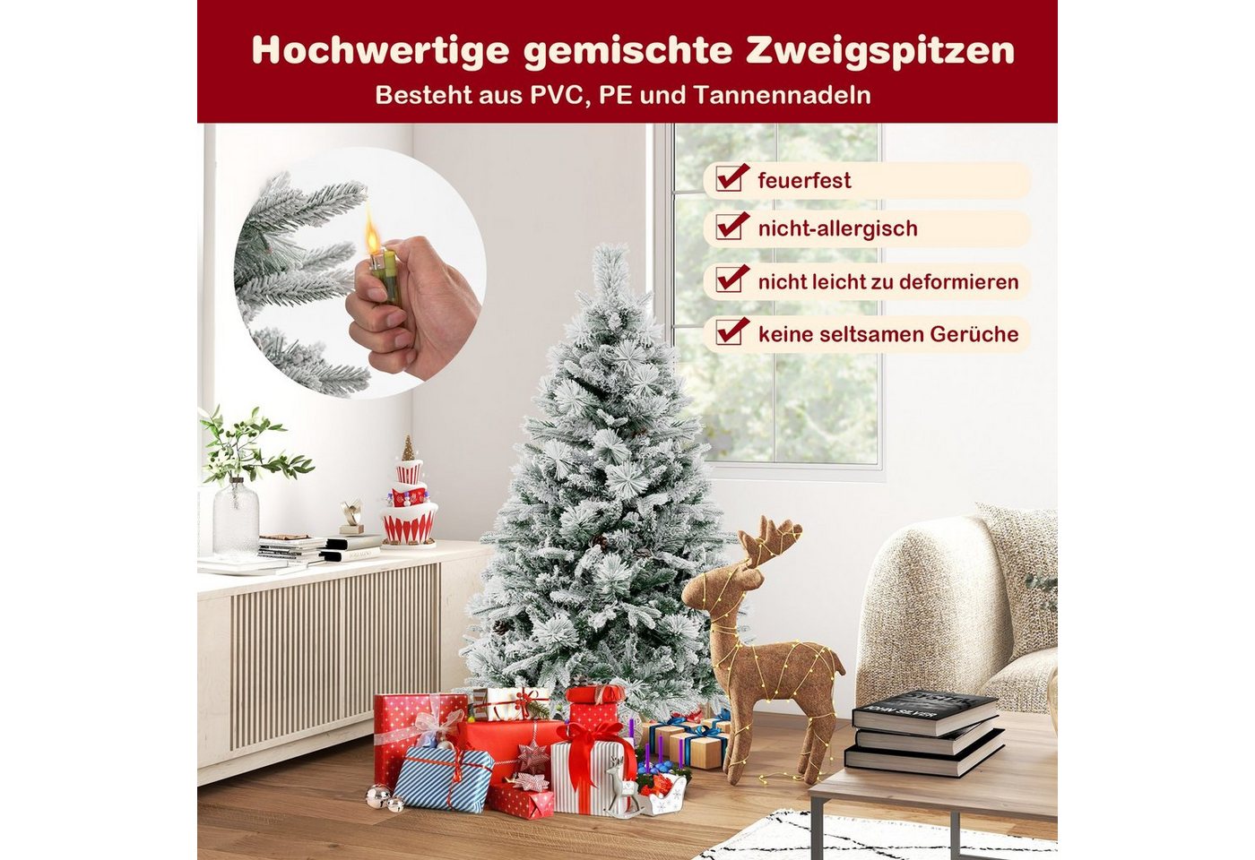 COSTWAY Künstlicher Weihnachtsbaum, mit Schnee, 8 Lichtmodi, 472 Zweigspitzen – Bild 4 von 5