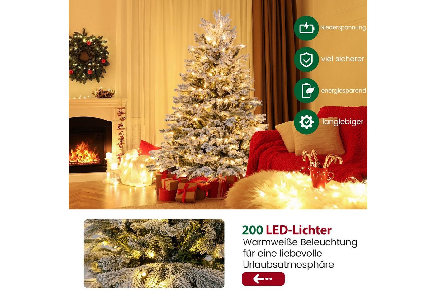 COSTWAY Künstlicher Weihnachtsbaum, mit Schnee, 200 LEDs & 688 Zweigspitzen – Bild 4 von 5