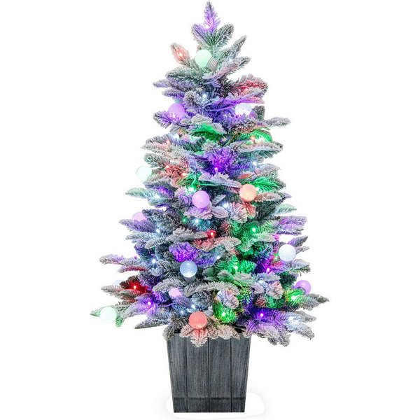 COSTWAY Künstlicher Weihnachtsbaum beflockter Tannenbaum beleuchteter Christbaum mit Schnee & Sockel, 100cm, 80 mehrfarbige LEDs, 148 Spitzen