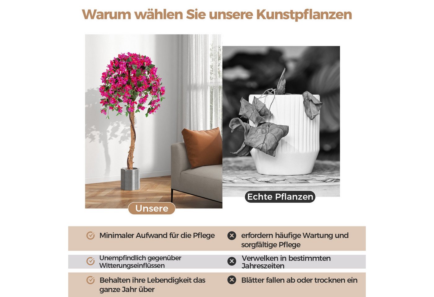 Kunstbaum Azalee-Blumen, COSTWAY, Höhe 135 cm, 135 cm Künstlicher Baum mit Blüten – Bild 3 von 5