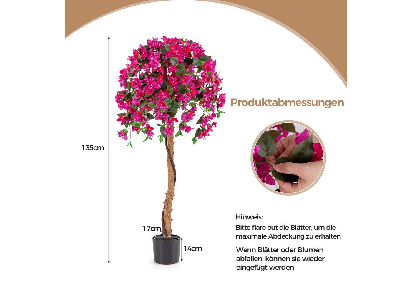 Kunstbaum Azalee-Blumen, COSTWAY, Höhe 135 cm, 135 cm Künstlicher Baum mit Blüten – Bild 5 von 5