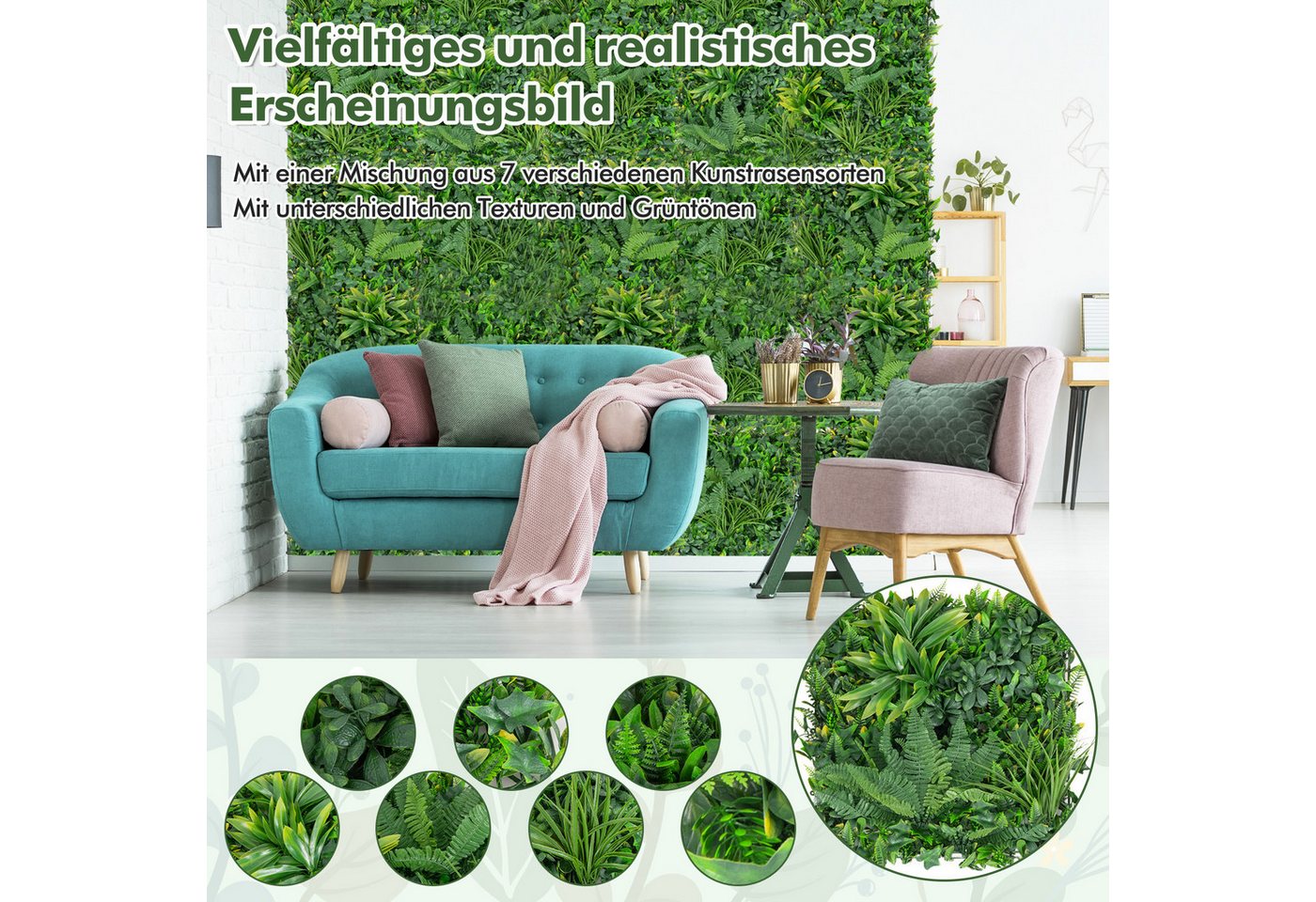 Kunstpflanze, COSTWAY, 4 St. Pflanzenwand mit vielfältigen Blättern 50x50cm – Bild 5 von 5