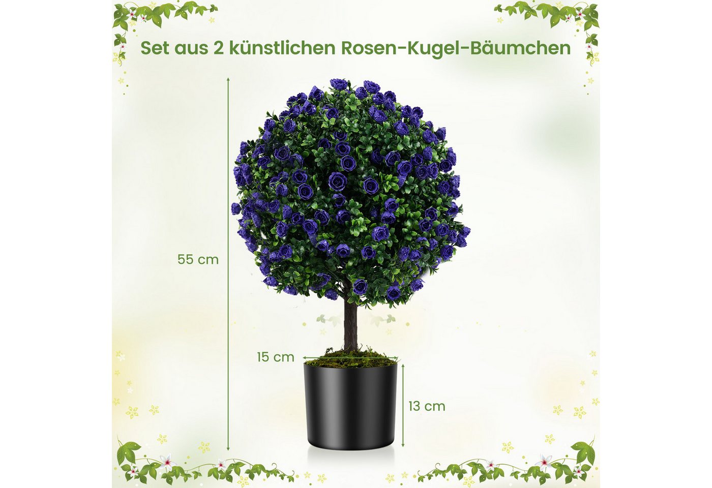 Kunstpflanze Buchsbaum, COSTWAY, Höhe 55 cm, mit Blättern, Lila Rosenblüten, Topf – Bild 3 von 5
