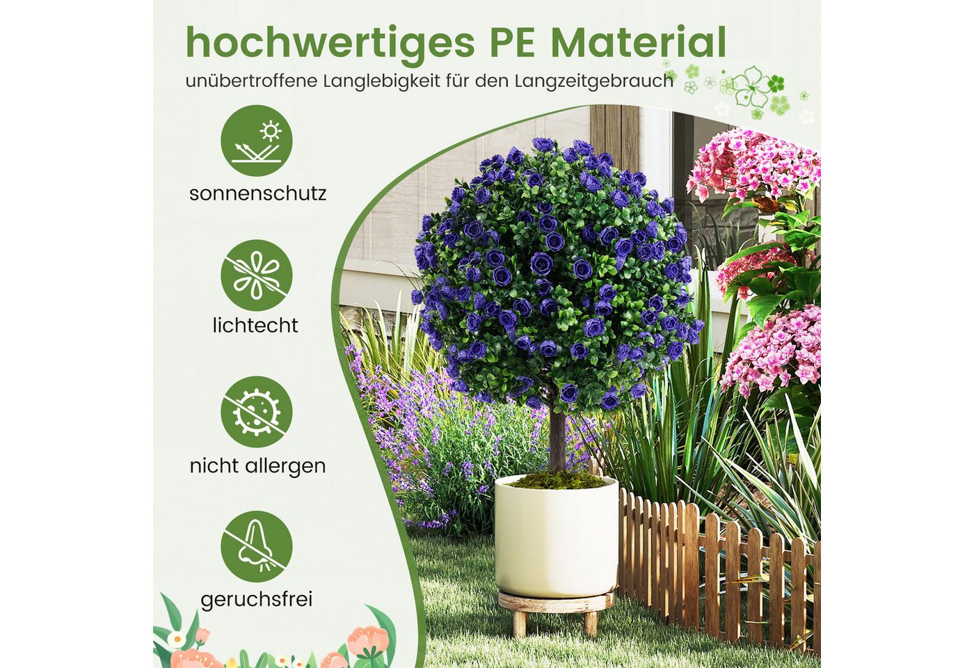 Kunstpflanze Buchsbaum, COSTWAY, Höhe 55 cm, mit Blättern, Lila Rosenblüten, Topf – Bild 4 von 5