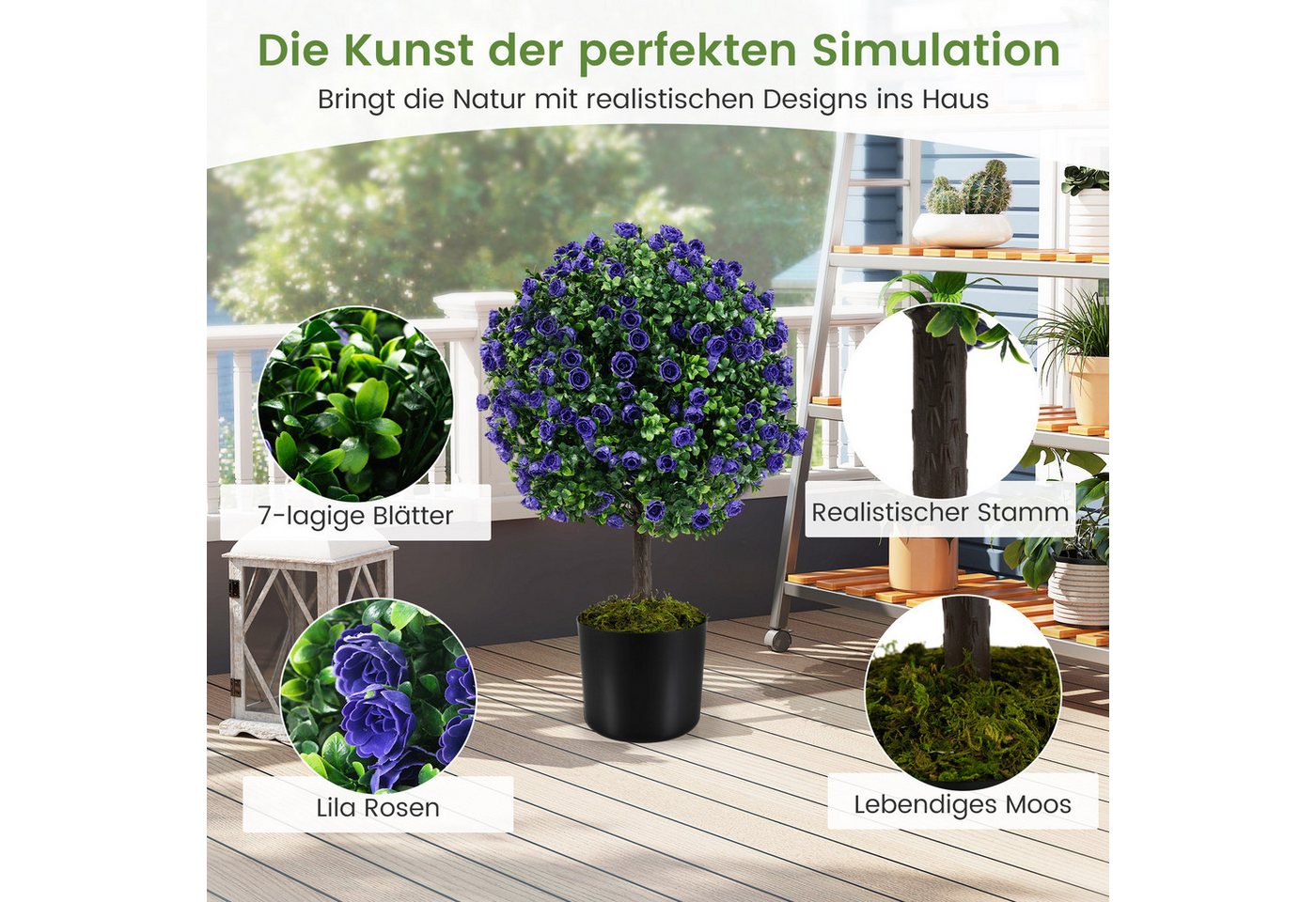 Kunstpflanze Buchsbaum, COSTWAY, Höhe 55 cm, mit Blättern, Lila Rosenblüten, Topf – Bild 5 von 5
