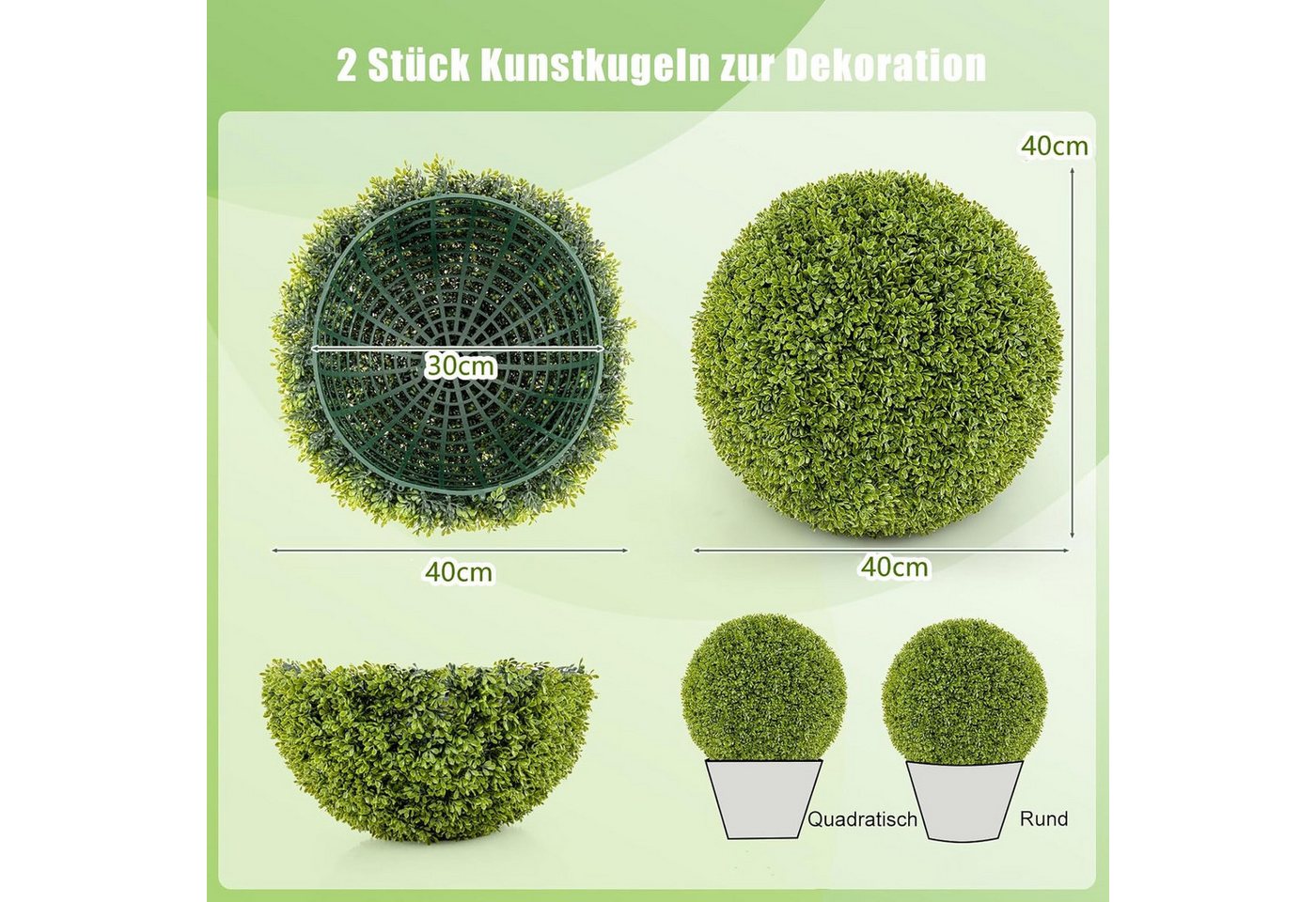 Kunstpflanze Buchsbaum, COSTWAY, 2er φ40cm UV-beständig Grün – Bild 3 von 5
