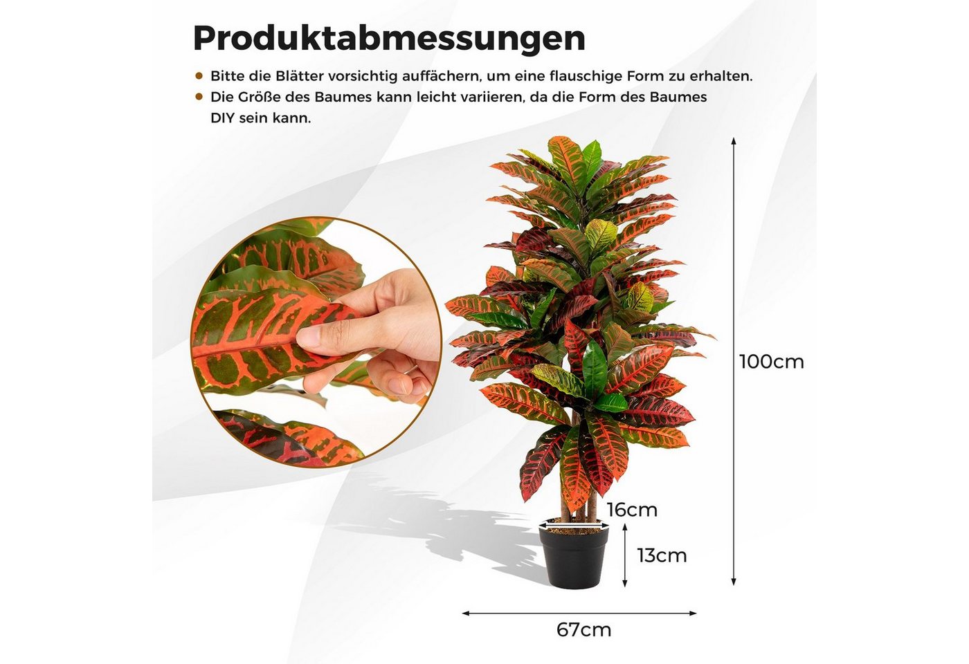 Kunstpflanze Kroton, COSTWAY, Höhe 100 cm, mit bunten Blättern & Topf – Bild 3 von 5