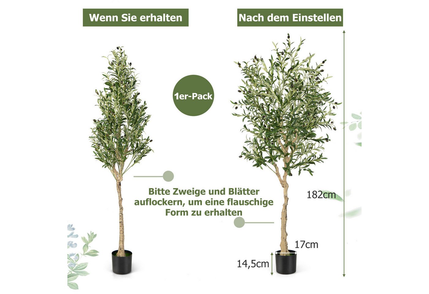 Kunstpflanze Olivenbaum, COSTWAY, Höhe 182 cm, 1er, mit 72 Früchten – Bild 3 von 5