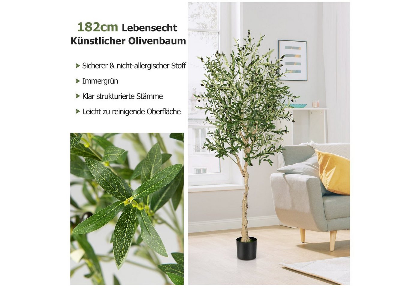 Kunstpflanze Olivenbaum, COSTWAY, Höhe 182 cm, 1er, mit 72 Früchten – Bild 4 von 5
