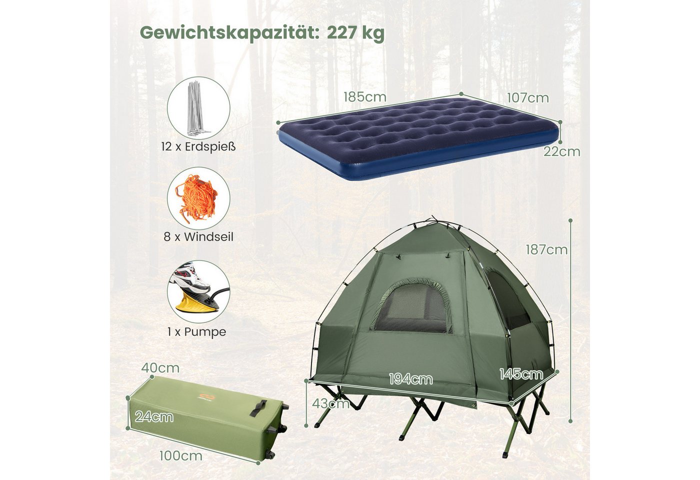 COSTWAY Kuppelzelt, Personen: 2, 5 in 1 Feldbett mit Luftmatratze – Bild 2 von 5