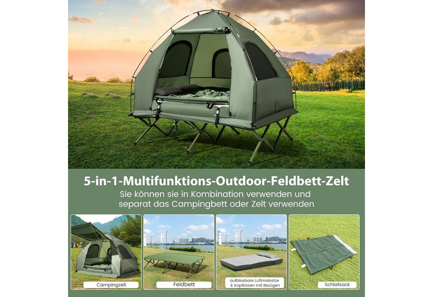 COSTWAY Kuppelzelt, Personen: 2, 5 in 1 Feldbett mit Luftmatratze – Bild 3 von 5