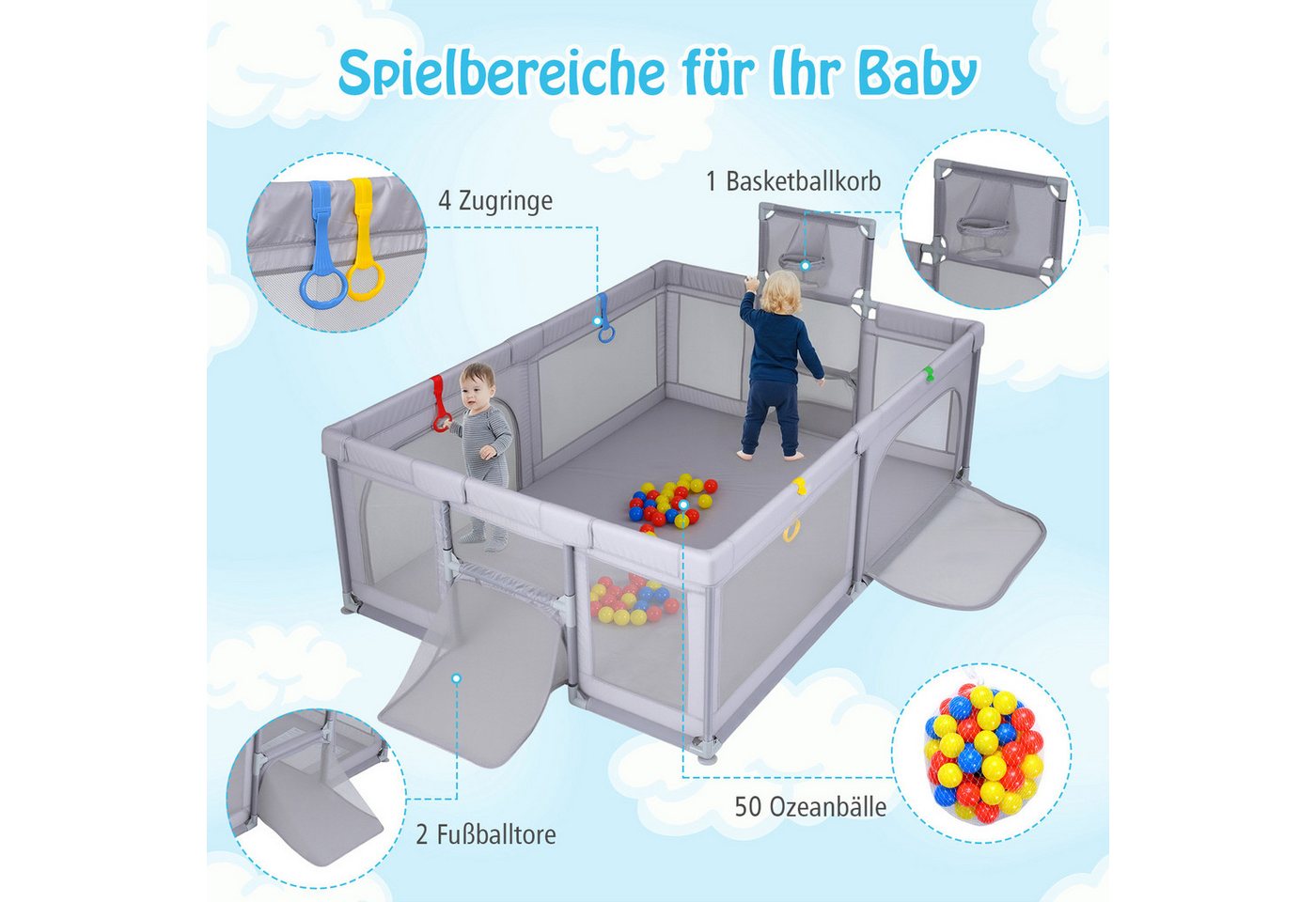 COSTWAY Laufstall (1-tlg), Laufgitter Baby Faltbar, mit Tragetasche, 50 Spielbällen, 207x145cm – Bild 3 von 5