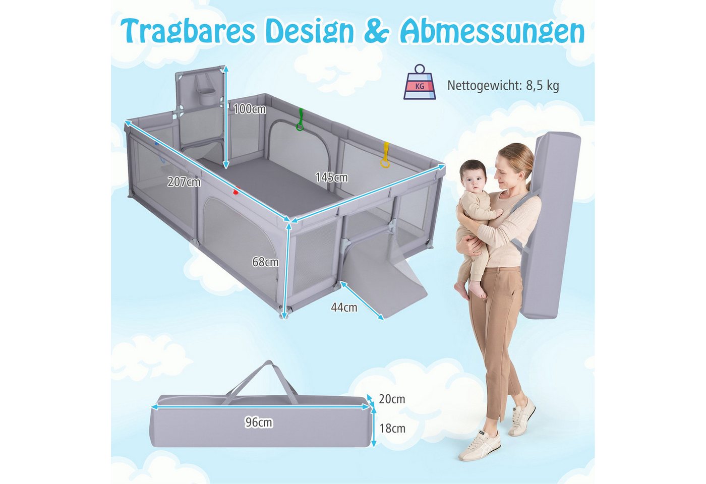 COSTWAY Laufstall (1-tlg), Laufgitter Baby Faltbar, mit Tragetasche, 50 Spielbällen, 207x145cm – Bild 4 von 5