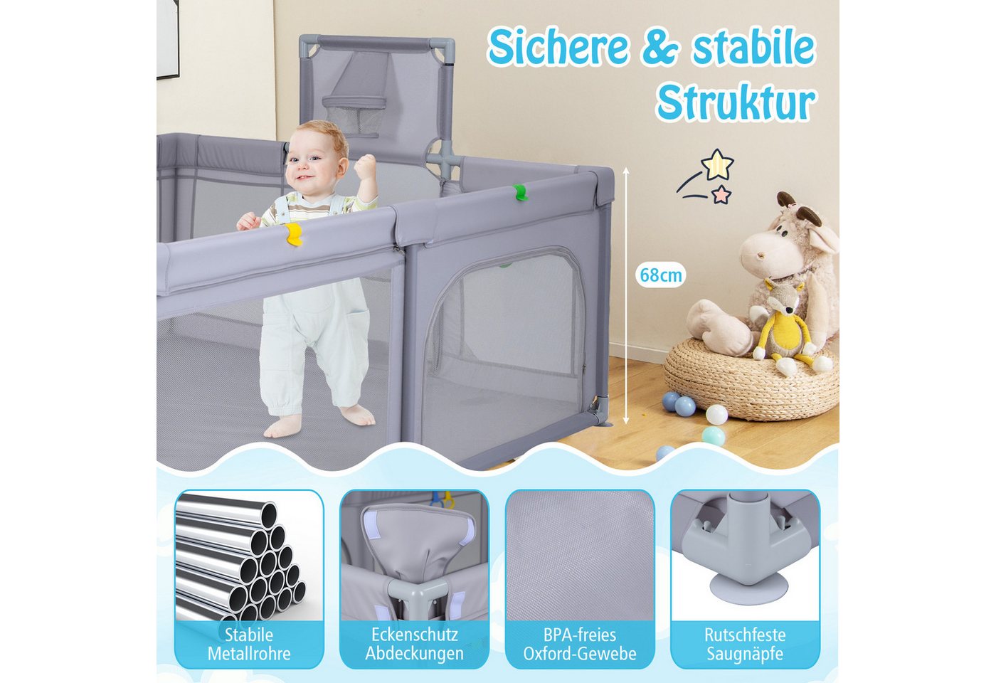 COSTWAY Laufstall (1-tlg), Laufgitter Baby Faltbar, mit Tragetasche, 50 Spielbällen, 207x145cm – Bild 5 von 5