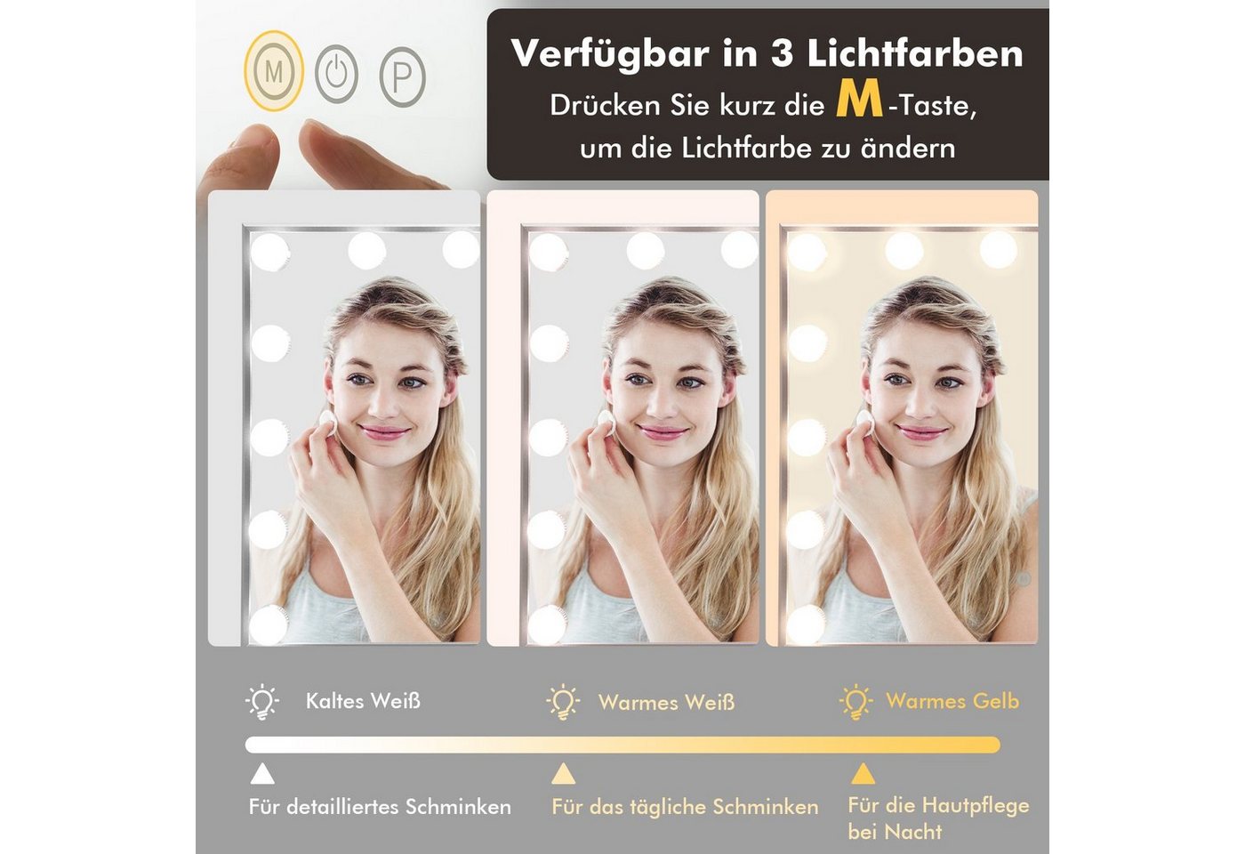 COSTWAY LED-Lichtspiegel, 2-in-1 Tischspiegel & Wandspiegel, 3 Lichtfarben – Bild 3 von 5