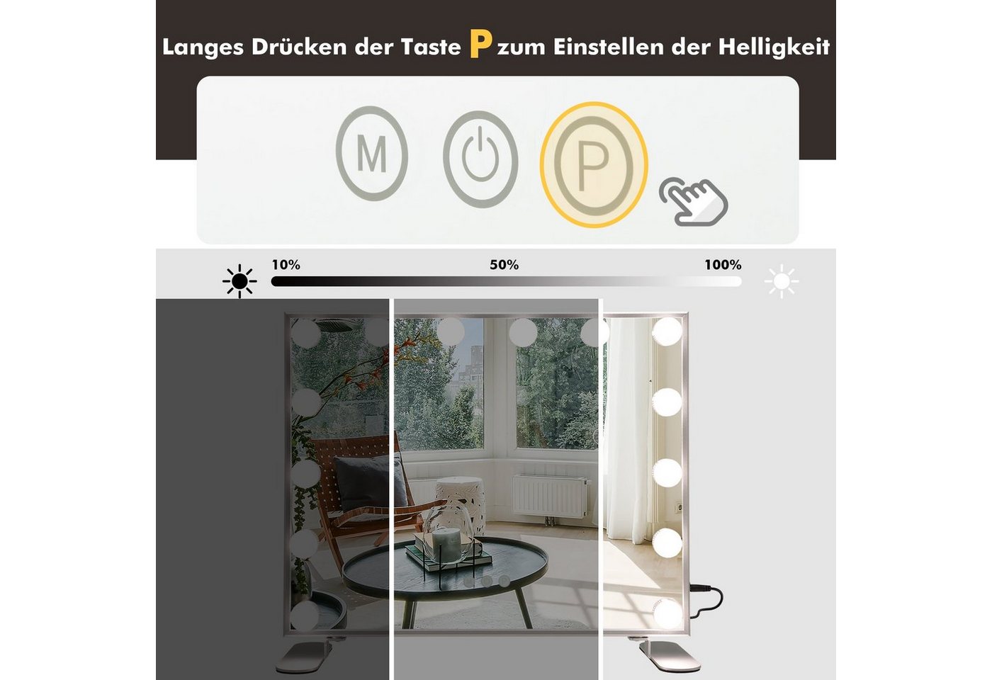 COSTWAY LED-Lichtspiegel, 2-in-1 Tischspiegel & Wandspiegel, 3 Lichtfarben – Bild 4 von 5