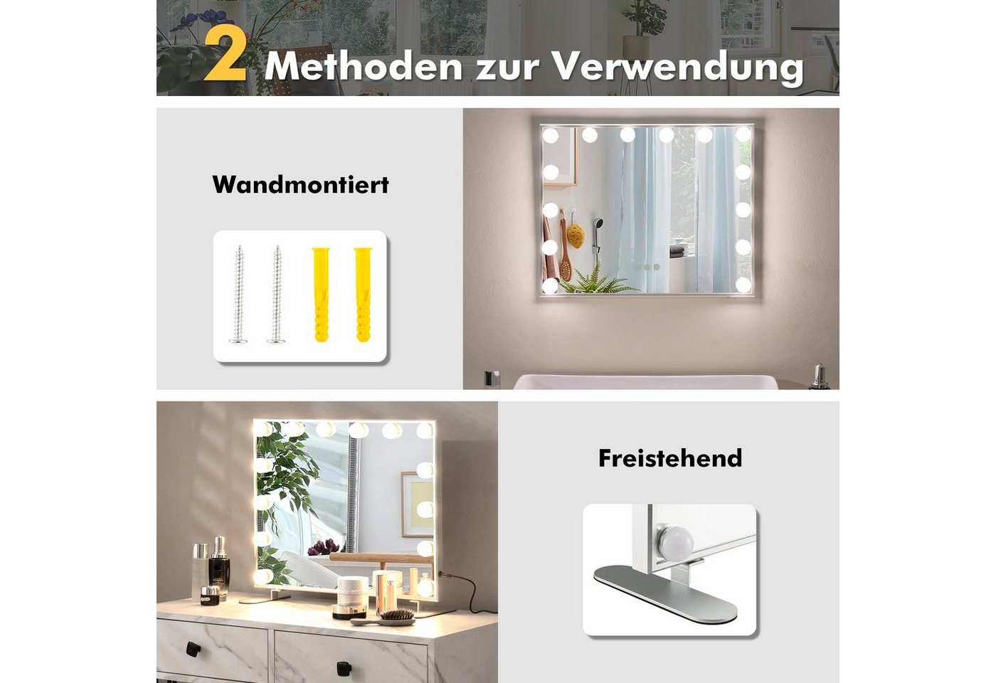 COSTWAY LED-Lichtspiegel, 2-in-1 Tischspiegel & Wandspiegel, 3 Lichtfarben – Bild 5 von 5