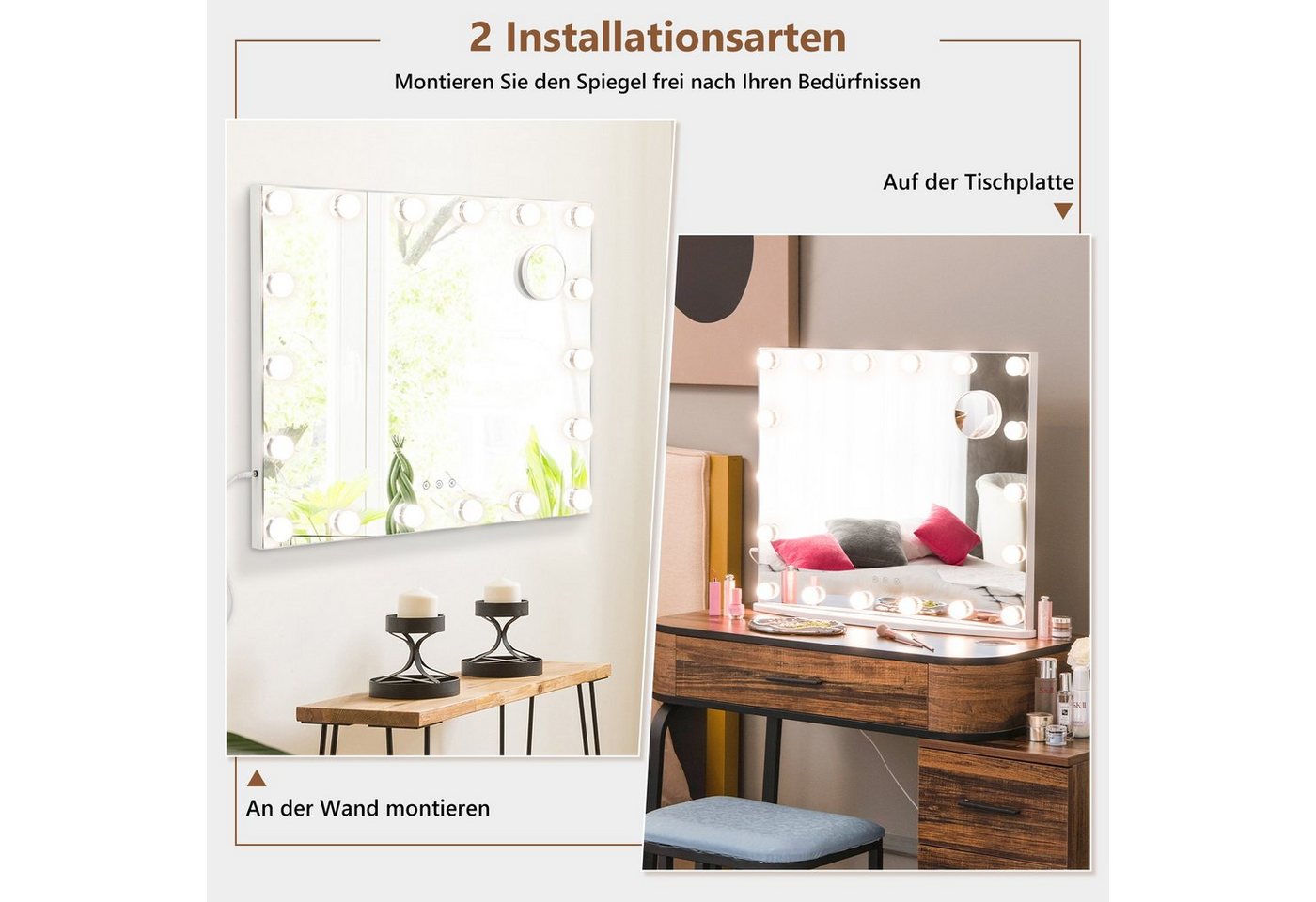 COSTWAY LED-Lichtspiegel, Hollywood Schminkspiegel 18 LED 3X Vergrößerung – Bild 2 von 5