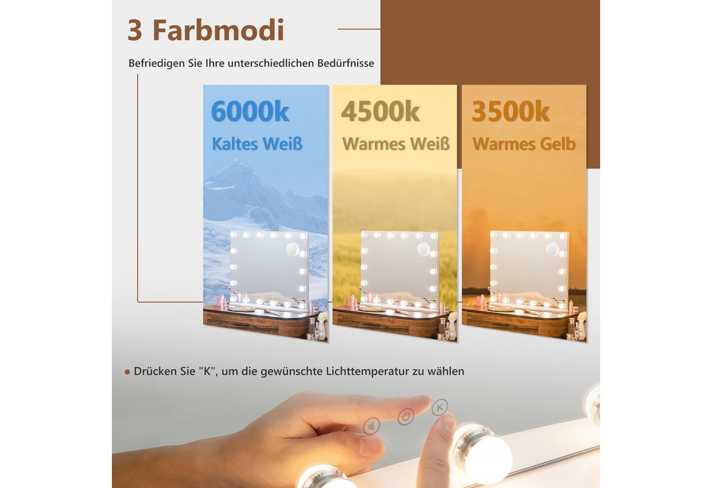 COSTWAY LED-Lichtspiegel, Hollywood Schminkspiegel 18 LED 3X Vergrößerung – Bild 3 von 5