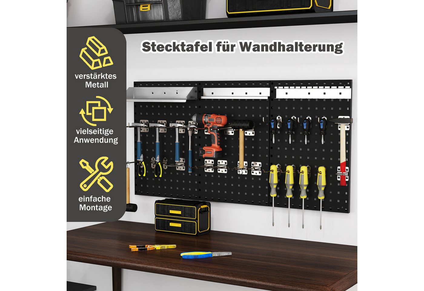 COSTWAY Lochwand, 3 Stk., mit 25 Haken, mit 3 Stecktafeln & 28-teilige hängende Zubehörteile – Bild 4 von 5