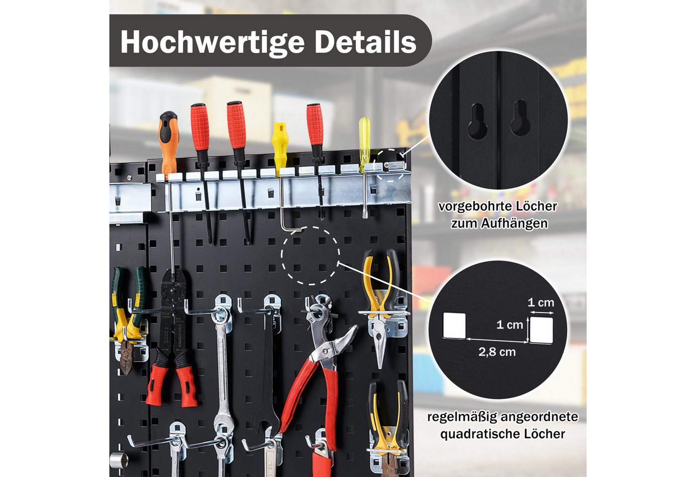 COSTWAY Lochwand, 3 Stk., mit 25 Haken, mit 3 Stecktafeln & 28-teilige hängende Zubehörteile – Bild 5 von 5