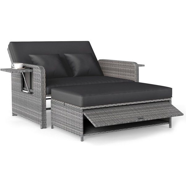 COSTWAY Loungebett, Gartenliege mit Auflage, verstellbarer Rückenlehne, Stauraum Rattan