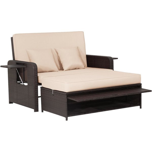 COSTWAY Loungebett, Rattan, 2-Personen, 3 in 1, mit verstellbarer Rückenlehne