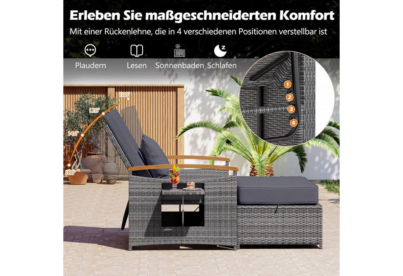 COSTWAY Loungebett outdoor, Rattan, 2-Personen, Gartenliege mit verstellbarer Rückenlehne – Bild 2 von 5