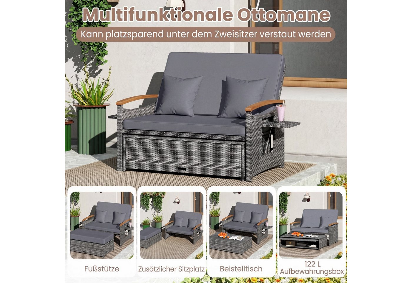 COSTWAY Loungebett outdoor, Rattan, 2-Personen, Gartenliege mit verstellbarer Rückenlehne – Bild 4 von 5