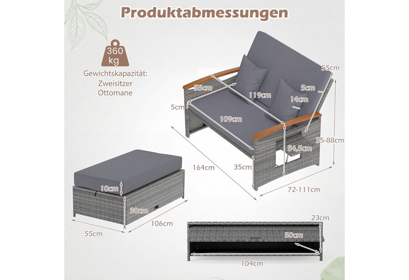 COSTWAY Loungebett outdoor, Rattan, 2-Personen, Gartenliege mit verstellbarer Rückenlehne – Bild 5 von 5